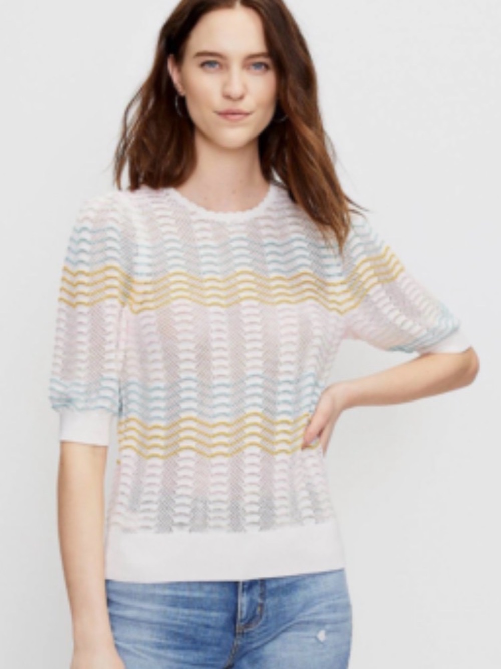 LOFT Colorful Scallop Pointelle Half Sleeve Sweater - Picture 2 of 6